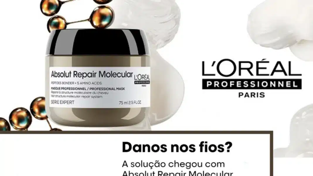 Um pote de creme para cabelo L'Oréal Professionnel Absolut Repair Molecular, com a marca L'Oréal Professionnel Paris ao lado e elementos gráficos de moléculas.