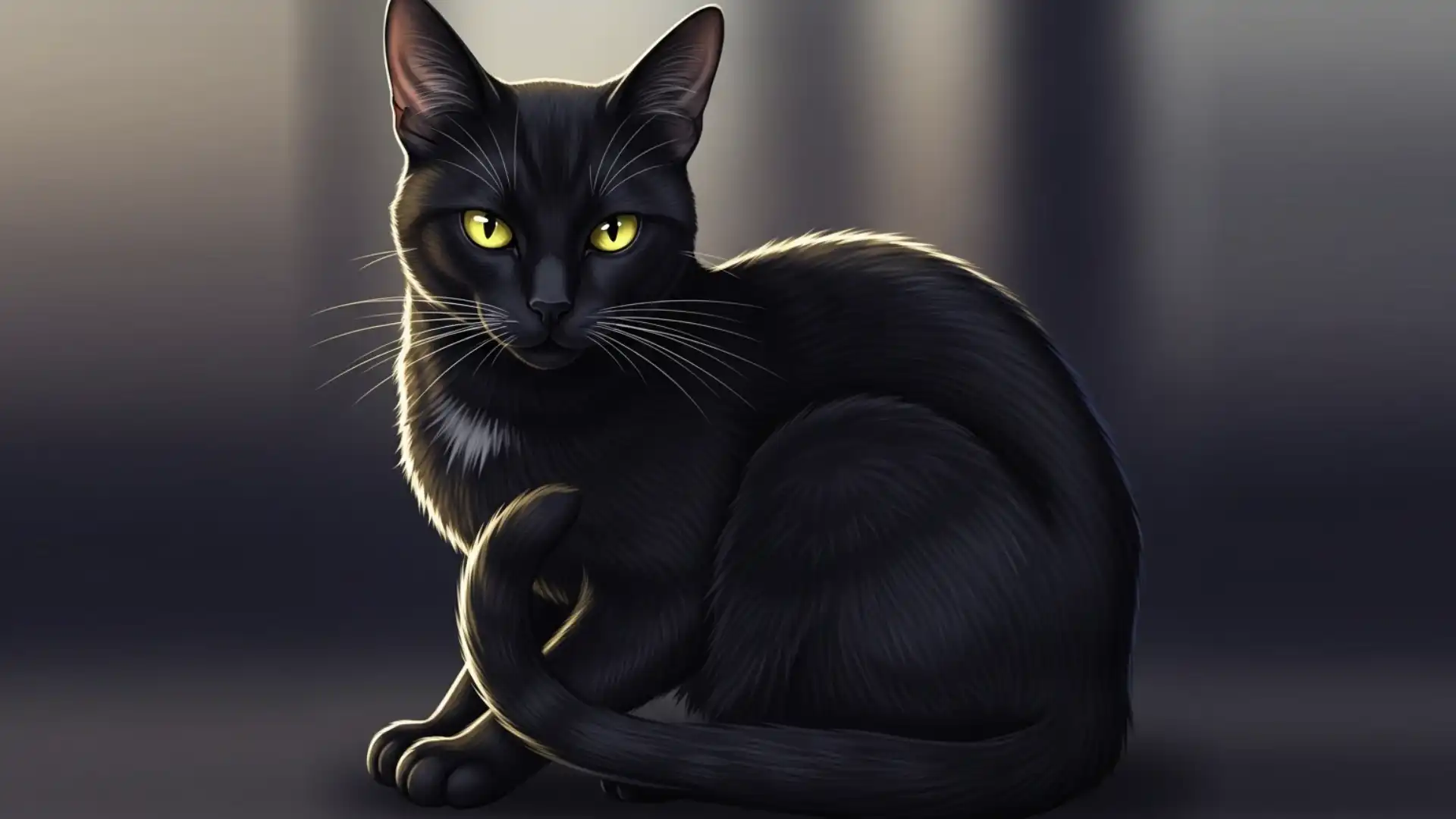 Gato preto com olhos amarelos sentado, com uma mancha branca no peito e bigodes brancos, em um fundo escuro.