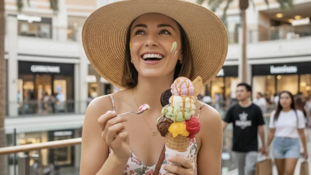 Uma mulher sorridente com um chapéu de palha saboreia um cone de sorvete de casquinha com muitas bolas. Ela está em um shopping.