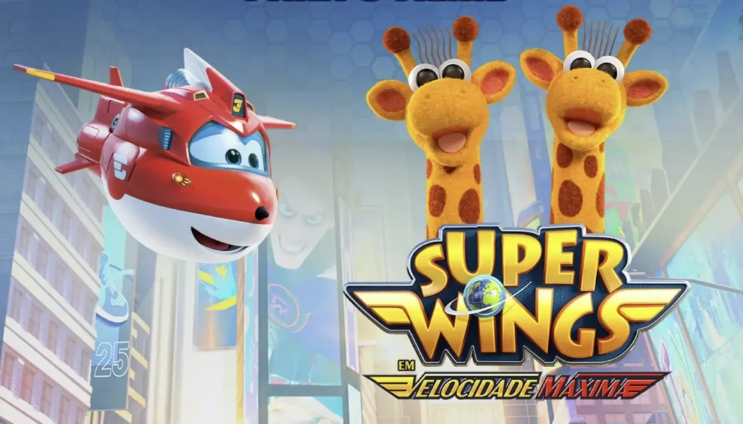 Este é um banner promocional em português para a colaboração entre a franquia de animação Super Wings e a rede de fast-food brasileira Giraffas.