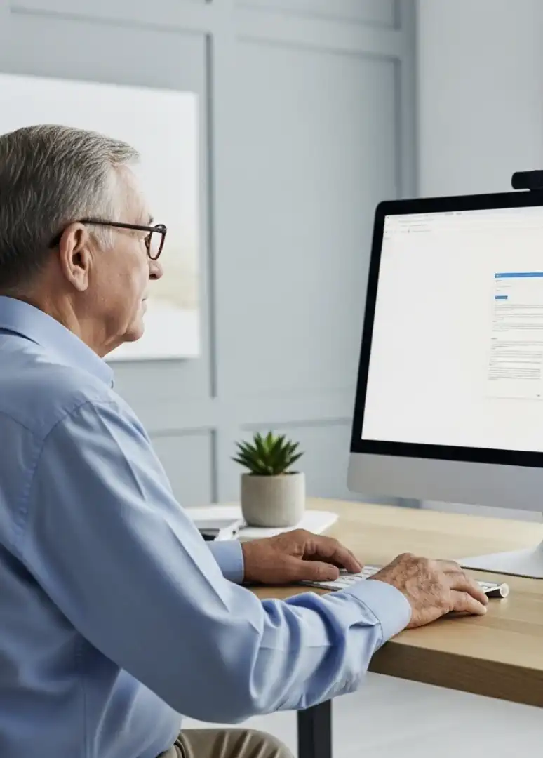 Um homem idoso com óculos e camisa azul claro, sentado de perfil em frente a um computador em uma mesa de madeira, com uma planta pequena e um porta-canetas ao lado. O ambiente é clean, com paredes claras e uma janela ao fundo.