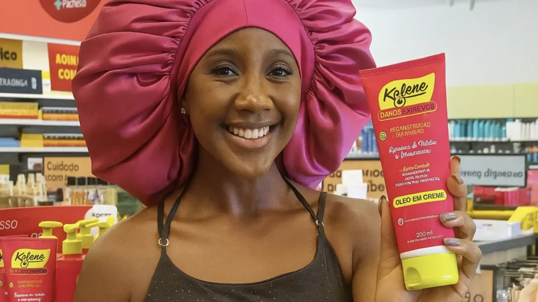 Uma mulher com um turbante de seda rosa sorri enquanto segura um tubo de creme de cabelo da marca Kolene.
