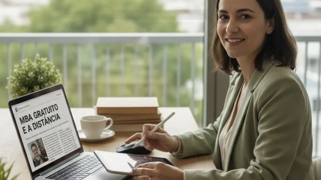 Mulher sorrindo em um escritório, trabalhando em um notebook que exibe a notícia sobre o MBA gratuito.