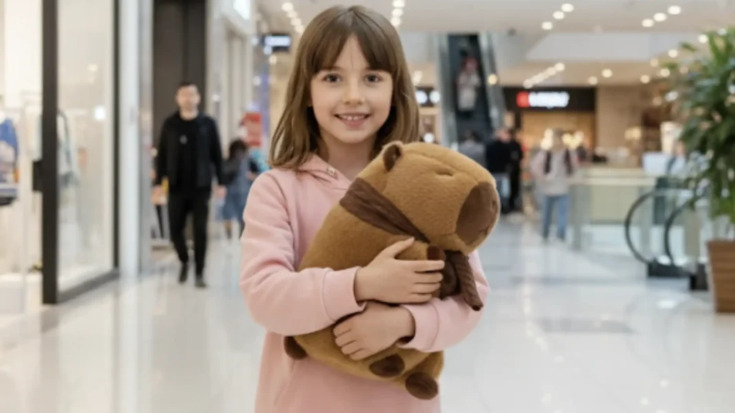 Um retrato de uma menina de cabelo castanho sorrindo e segurando uma capivara de pelúcia.