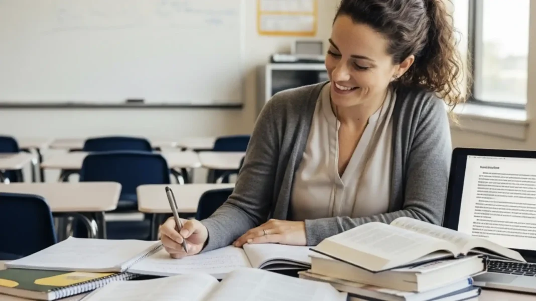Foto de uma professora sorrindo e escrevendo no caderno em uma sala de aula.