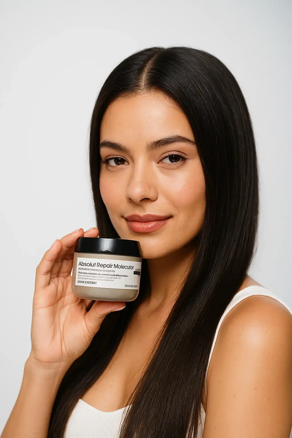 Mulher com cabelos escuros, lisos e brilhantes, segurando um pote de creme branco com tampa preta da marca 'Absolut Repair Molecular'.