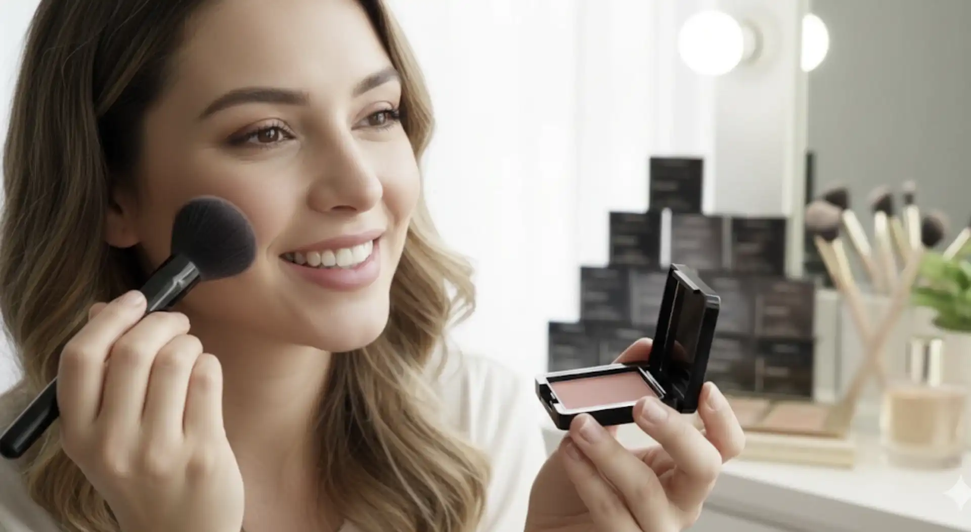 Uma mulher sorridente se maquiando, aplicando um blush rosa nas bochechas com um pincel grande enquanto segura o estojo compacto.
