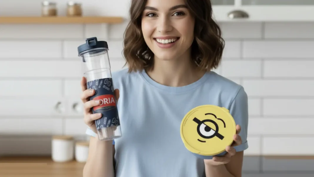 Uma mulher sorridente segura um copo colecionável e um porta-lanches, ambos com a temática do filme Minions.