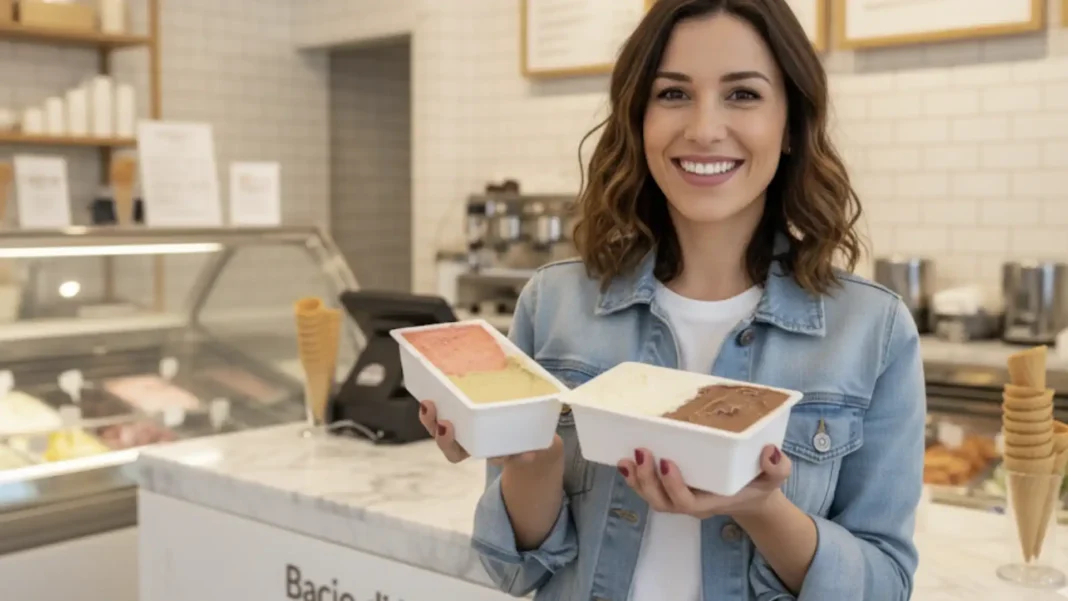 Mulher sorrindo segura dois potes de sorvete da Bacio di Latte dentro da loja.
