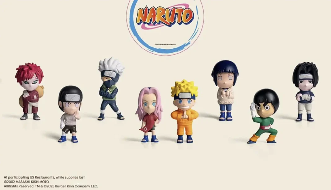 Banner do Burger King mostrando oito bonecos colecionáveis de personagens de Naruto: Gaara, Neji, Kakashi, Sakura, Naruto, Hinata, Rock Lee e Sasuke.