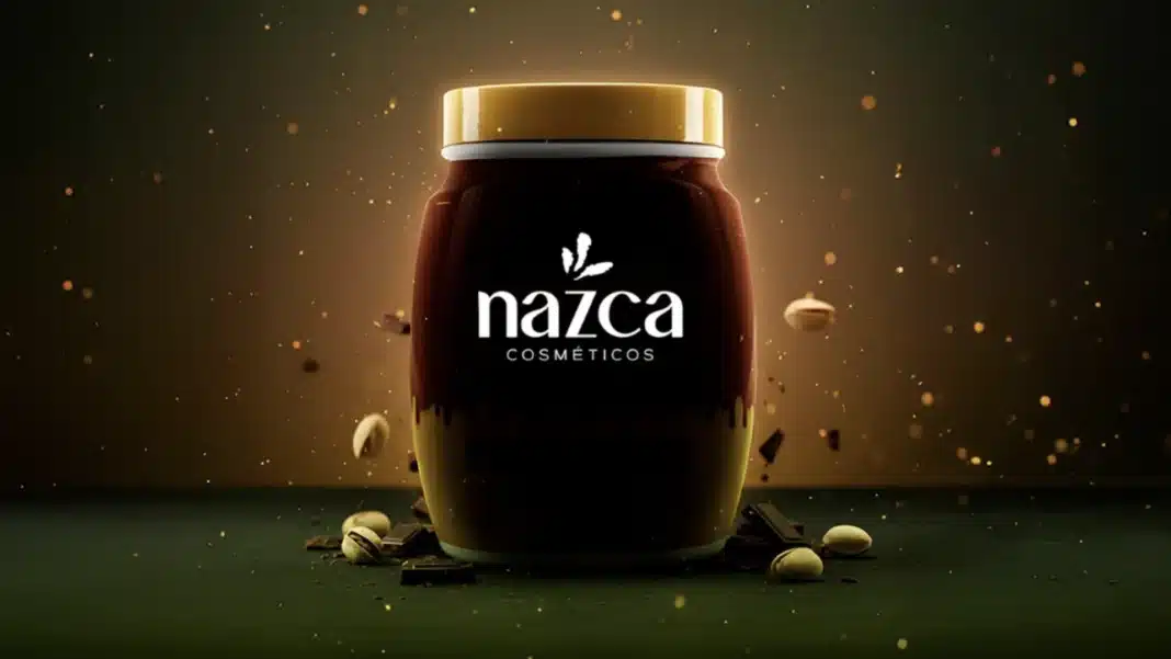 Frasco escuro de cosmético com tampa dourada, o nome 