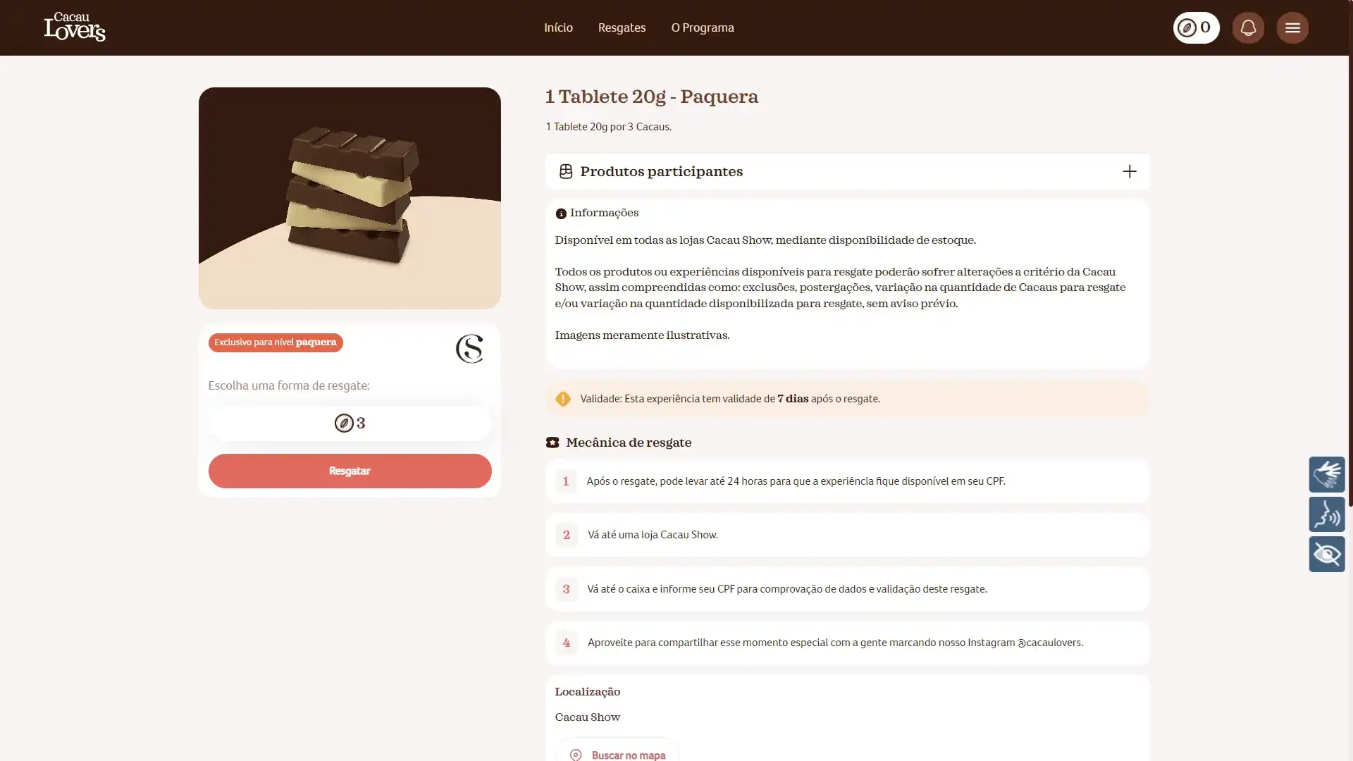 Página de resgate do programa Cacau Lovers, exibindo uma oferta de tablete de chocolate de 20g e os passos para o resgate.