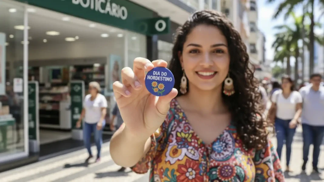 Uma mulher sorridente, com cabelo cacheado escuro e um brinco colorido, segura um pin circular com a inscrição 