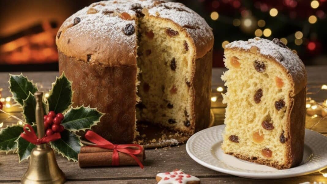 Bauducco Lovers 2025 Saiba como receber um kit especial da marca Panetone de frutas inteiro com uma fatia ao lado em uma mesa rústica, decorada com azevinho, um sino dourado, biscoitos em formato de estrela e luzes de Natal. Ao fundo, uma lareira acesa e uma árvore de Natal iluminada.