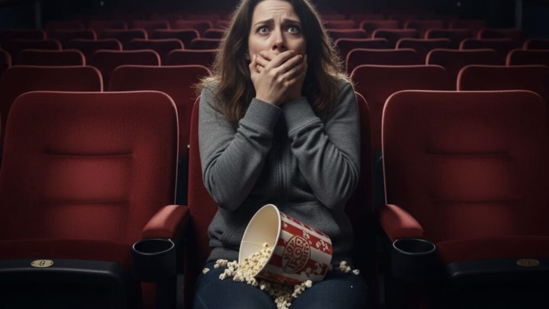 Mulher assustada no cinema com as mãos na boca e pipoca derramada no colo, assistindo a um filme de terror.