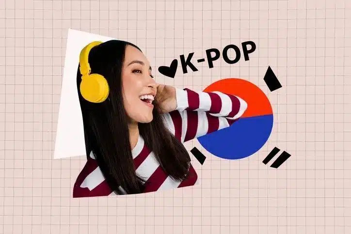 Curso gratuito de coreano aprenda idioma, cultura e expressões básicas Mulher sorrindo com fones de ouvido amarelos e tema K-Pop e Coreia do Sul.