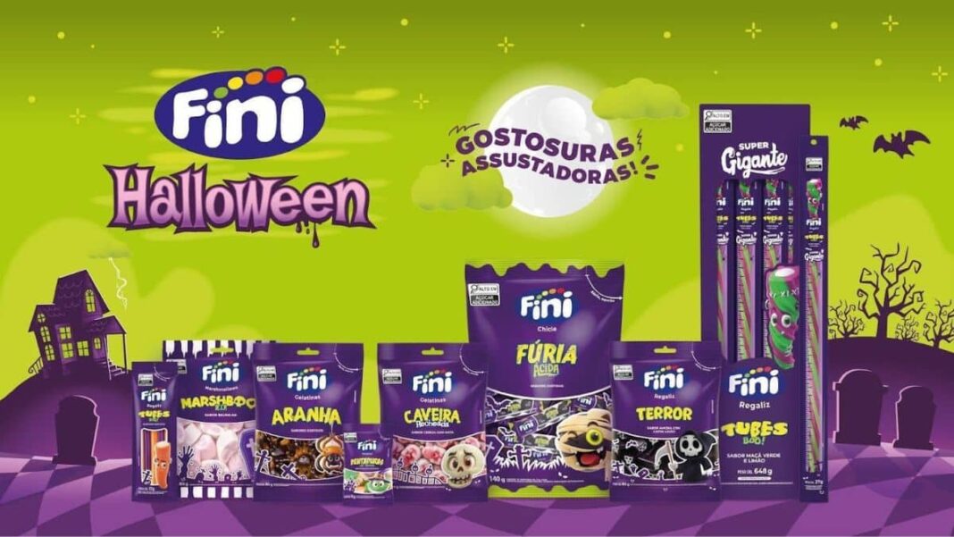 Halloween 2025 Fini e iFood oferecem doces pora apenas R$ 0,01 Fini Halloween 2025: Imagem de campanha com doces temáticos (marshmallows, aranhas, caveiras, tubos) e a frase
