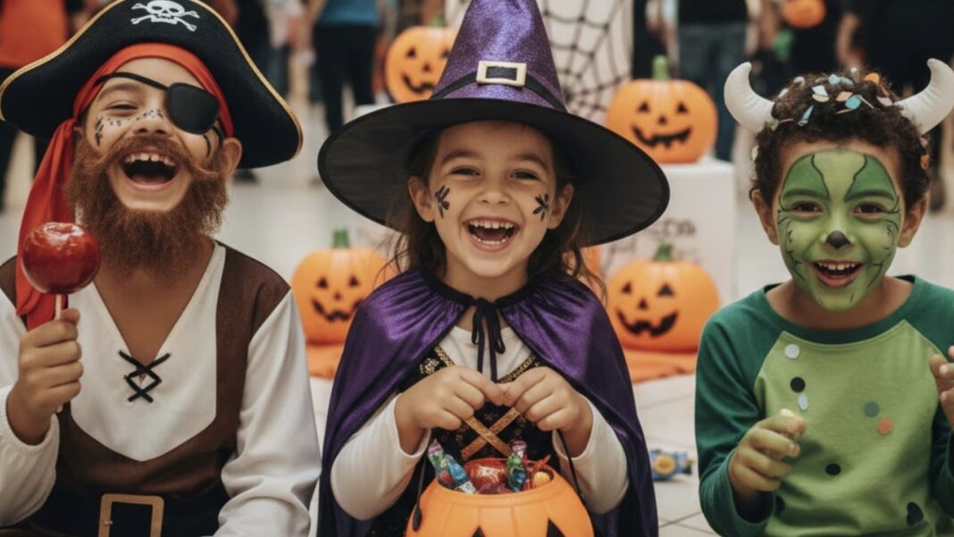 Halloween gratuito diversão e interatividade para crianças de todas as idades Três crianças fantasiadas de pirata, bruxa e monstro se divertem com doces em uma celebração de Halloween em um shopping.