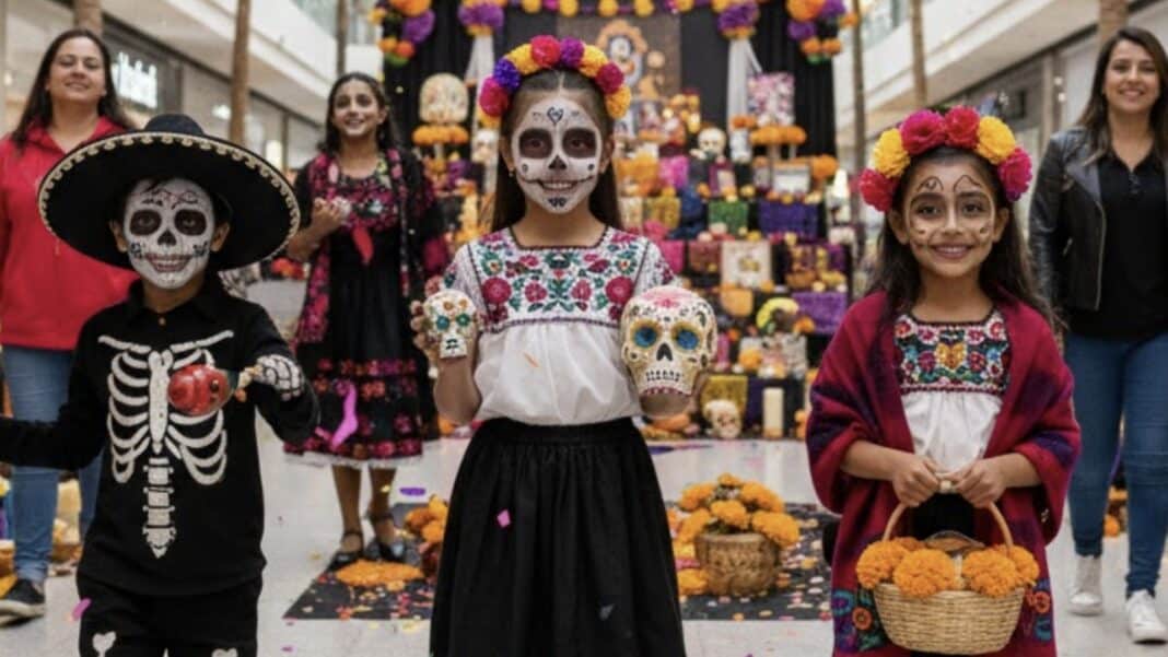 Halloween gratuito no ABC Paulista Fiesta de Los Muertos chega ao ParkShopping São Caetano Três crianças vestidas e maquiadas para o Dia de los Muertos, sorriem enquanto posam em um shopping decorado para a celebração.