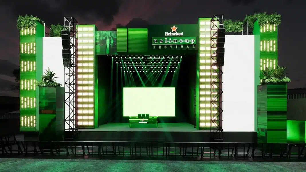 Palco do Heineken No Line-Up Festival em São Paulo, predominância de cores verde e preto.