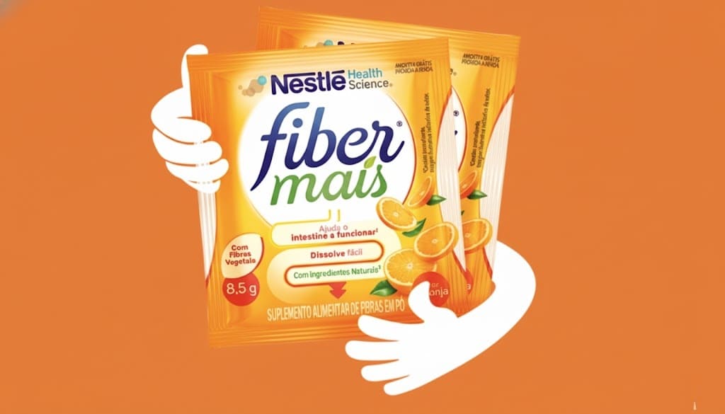 Nestlé apresenta FiberMais Laranja e permite testar com amostras gratuitas Saches de Nestlé Fiber Mais com embalagem laranja e design em destaque, contendo fatias de laranja ilustradas e texto promocional em português.