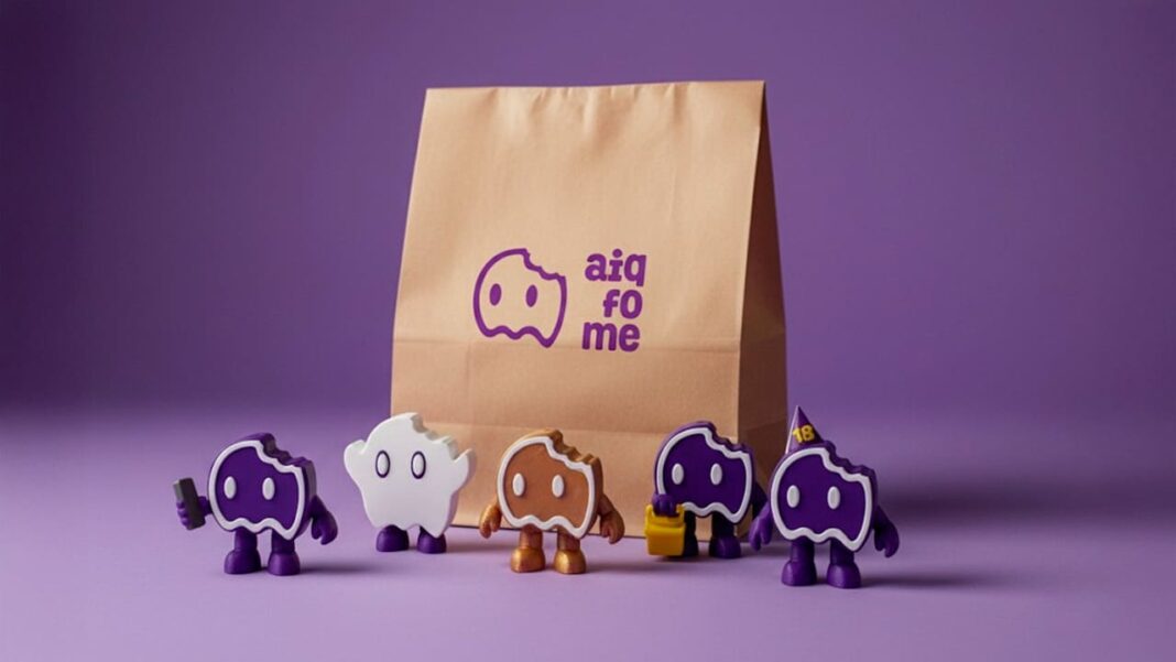 Cinco miniaturas colecionáveis na frente de uma sacola do aiqfome em um fundo roxo.
