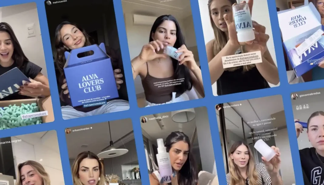 Colagem de telas de redes sociais com influenciadoras digitais apresentando e segurando produtos de cuidados pessoais da marca Alva Personal Care, incluindo um desodorante e uma caixa azul escura com o texto 