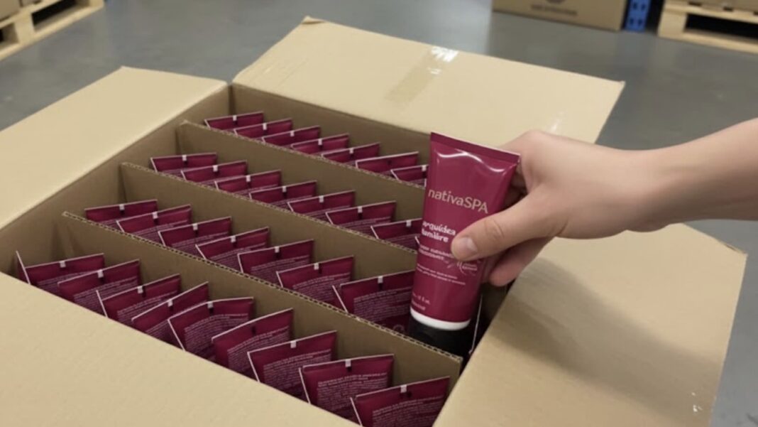 Caixa de papelão aberta com divisórias cheia de tubos de creme 