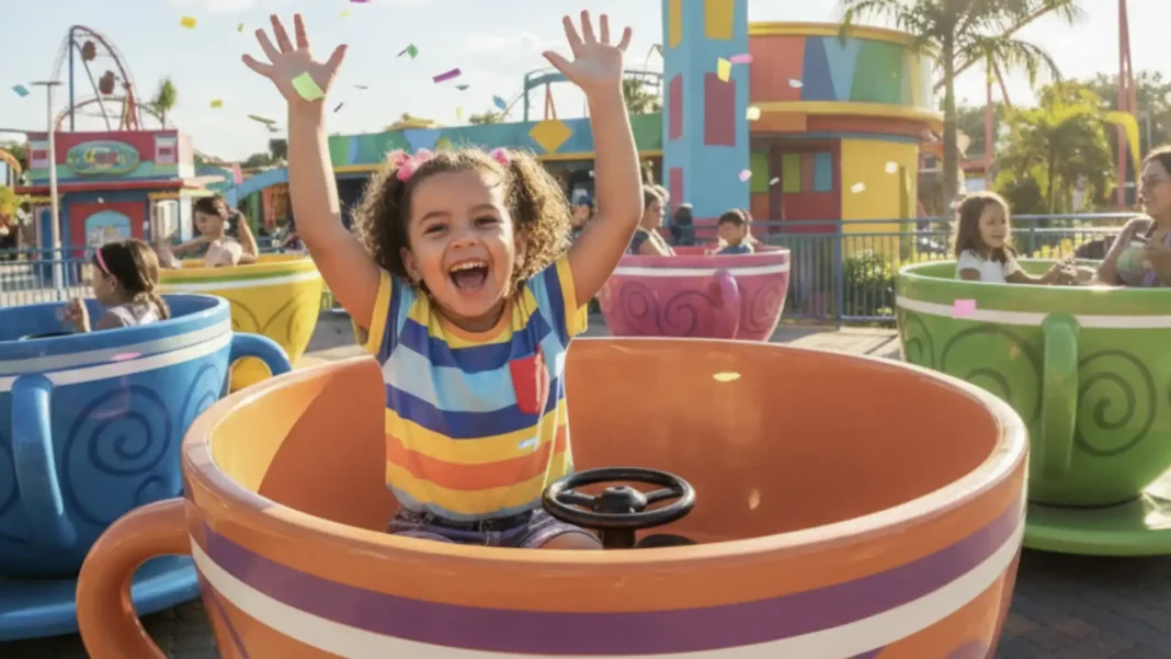 Uma criança sorridente em um brinquedo de xícara de chá gigante no parque Hopi Hari.