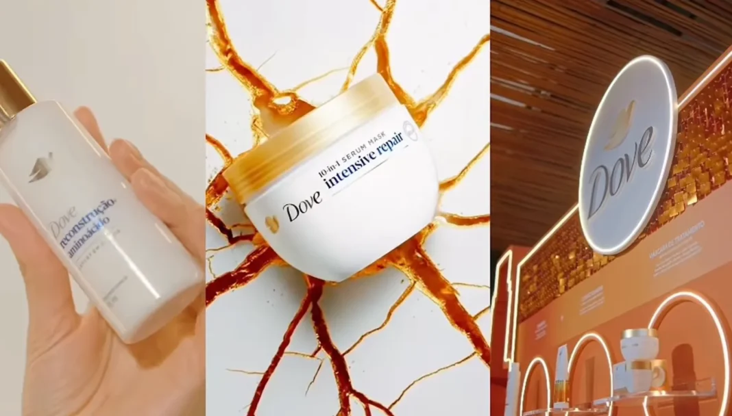 Imagem de uma campanha publicitária de produtos Dove, mostrando três cenas lado a lado. Na esquerda, uma mão segura um frasco branco com o texto 
