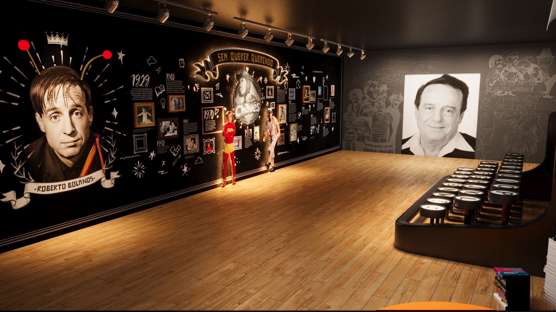 Renderização de um salão de exposição escuro com piso de madeira, mostrando uma grande parede preta com gráficos e fotos que detalham a vida e obra de Roberto Gómez Bolaños (Chespirito), incluindo um grande retrato dele à esquerda.