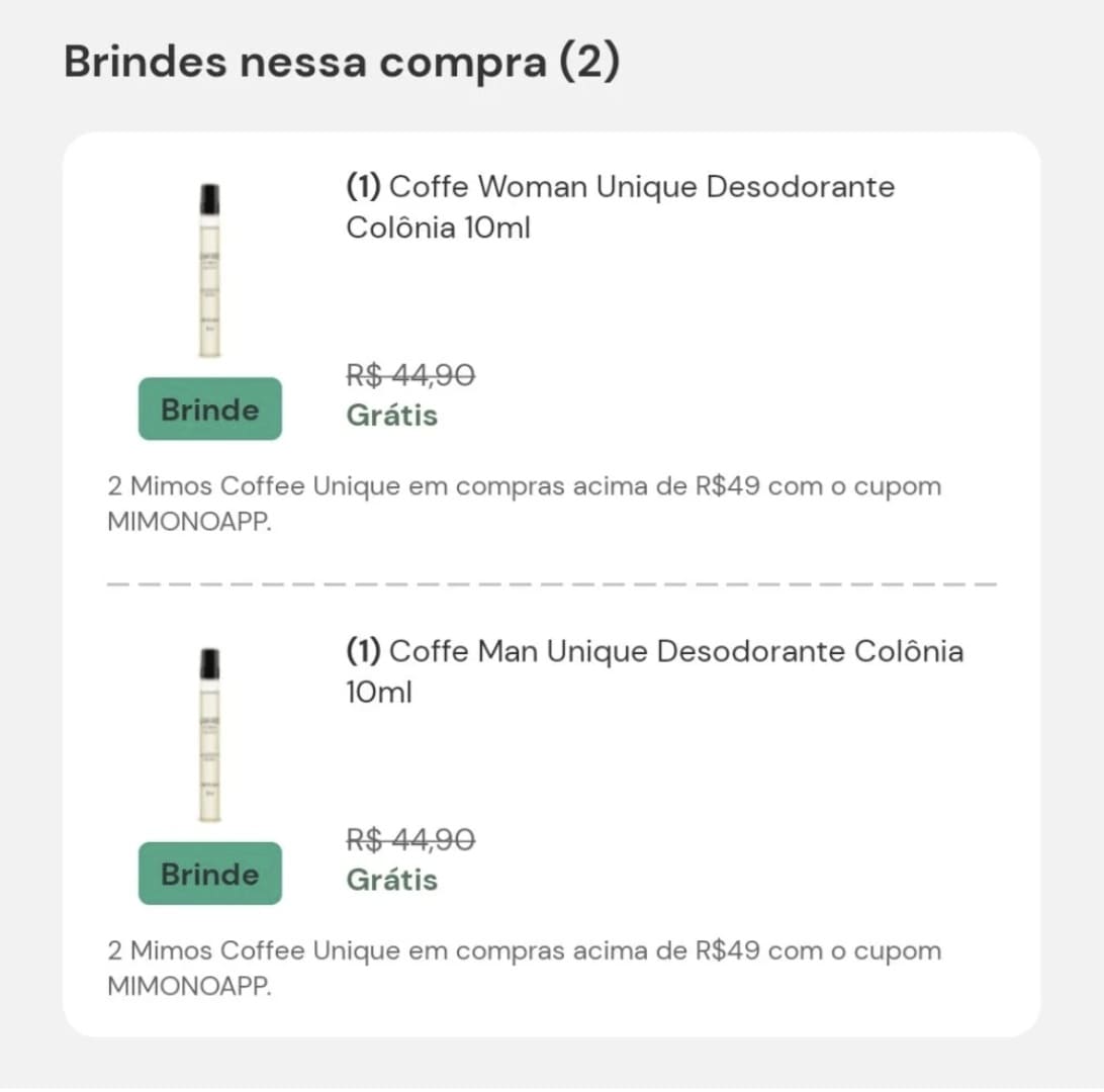 Coffee Woman Unique Desodorante Colônia 10ml e Coffee Man Unique Desodorante Colônia 10ml.