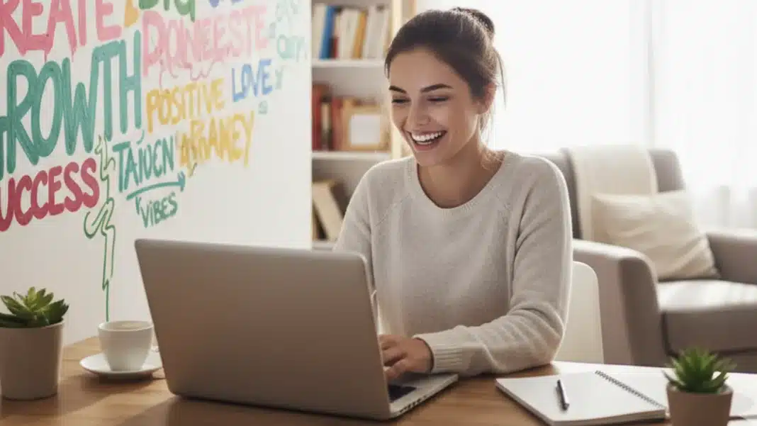 Jovem sorrindo e trabalhando em laptop com mural motivacional colorido de palavras em inglês (como 'Joy', 'Happiness', 'Growth') ao fundo.