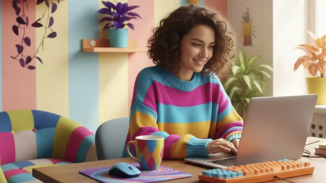 Uma jovem sorridente com cabelo encaracolado usa um suéter listrado e colorido, sentada em uma mesa de madeira, usando um laptop.
