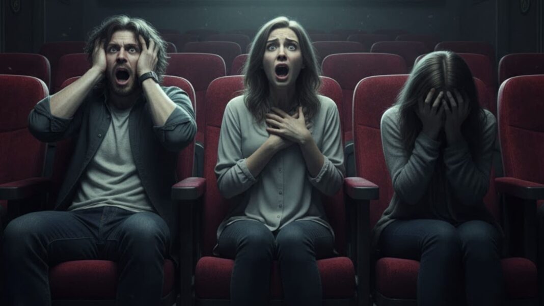 Três pessoas assustadas em cadeiras de cinema.