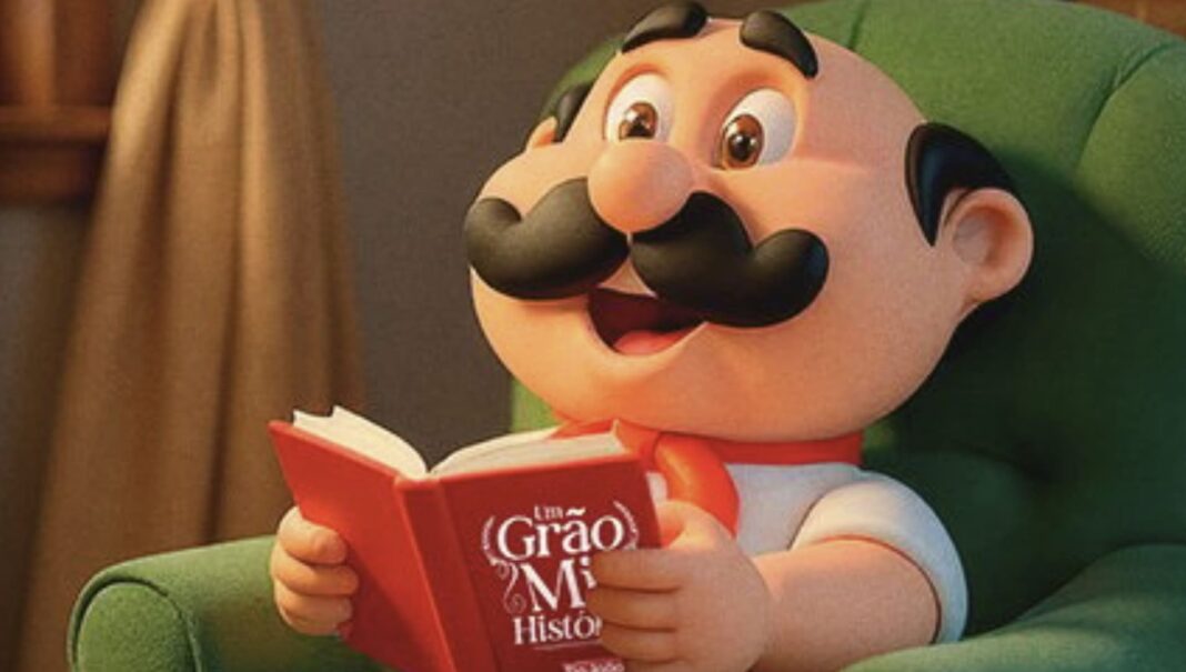 Personagem animado, careca, com bigode preto grande, lendo um livro vermelho em uma poltrona verde.