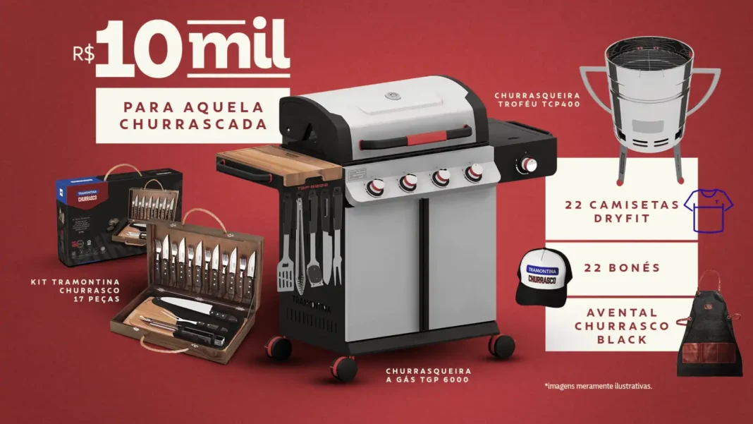 Um banner publicitário da Tramontina para uma campanha de churrasco, apresentando um prêmio de R$ 10 mil. A imagem exibe uma churrasqueira a gás TGP 6000, um kit de churrasco de 17 peças, uma churrasqueira portátil Troféu TCP 400, 22 camisetas dryfit, 22 bonés e um avental de churrasco preto.