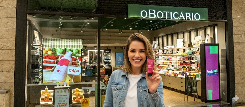 Mulher sorrindo em frente a uma loja O Boticário, segurando um produto rosa.