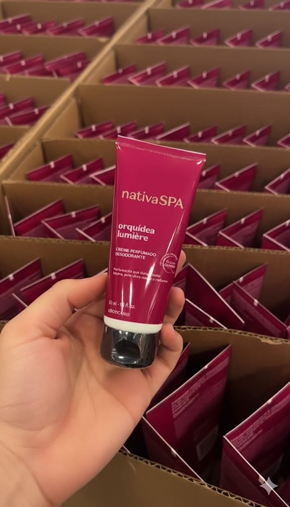 Mão segurando um tubo de creme hidratante "Nativa SPA Orquídea Lumière" do Boticário, com caixas cheias de outros tubos idênticos no fundo.