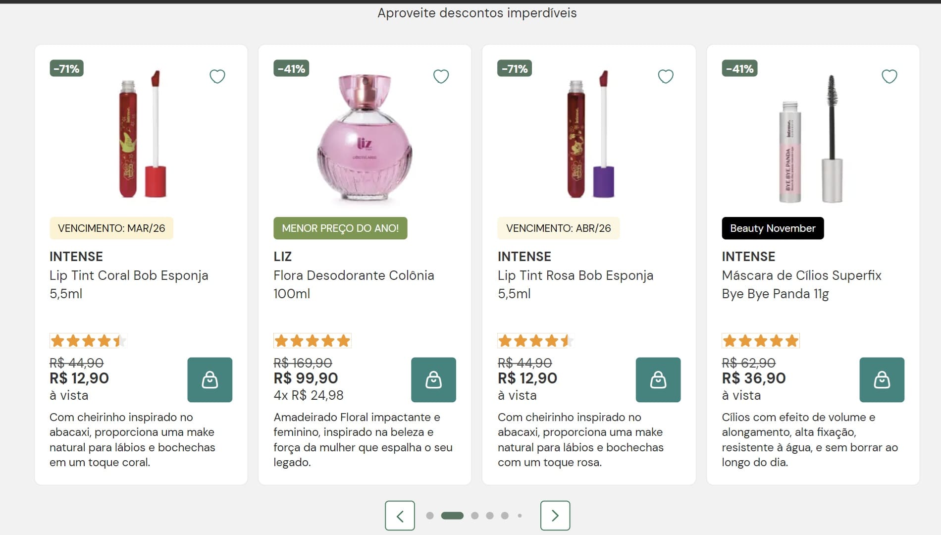 Quatro produtos O Boticário com descontos: Lip Tint Coral e Rosa Intense, Desodorante Colônia Liz Flora e Máscara de Cílios Superfix Bye Bye Panda Intense.