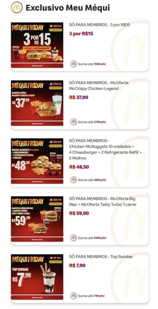 Captura de tela do aplicativo McDonald's (Meu Méqui) exibindo cinco ofertas exclusivas da