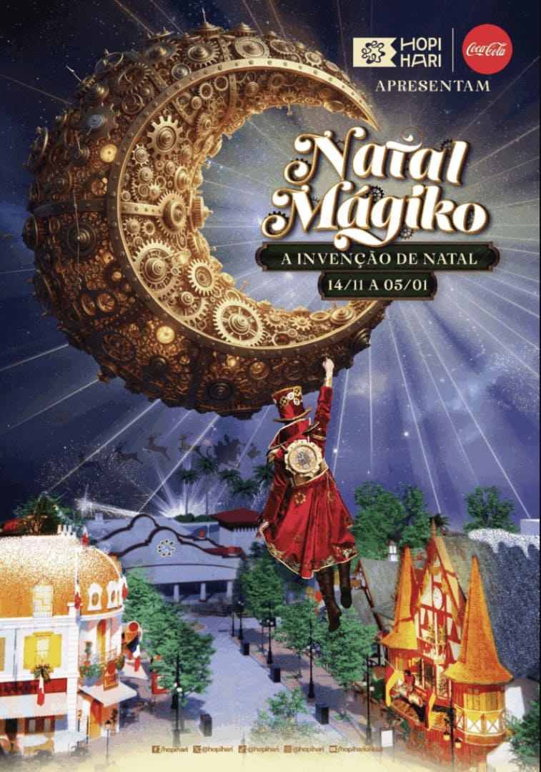 Cartaz do evento "Natal Mágiko: A Invenção de Natal" do Hopi Hari, com uma lua crescente mecânica gigante.